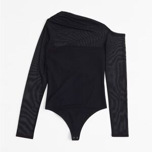 Abercrombie & Fitch Black Long-Sleeve Asymmetrical Draped Mesh Bodysuit